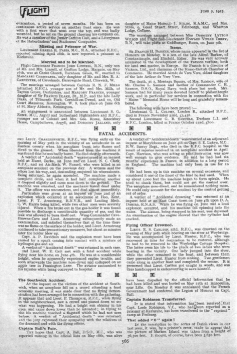 Flight Magazine Fatal Accident Report 7 June 1917